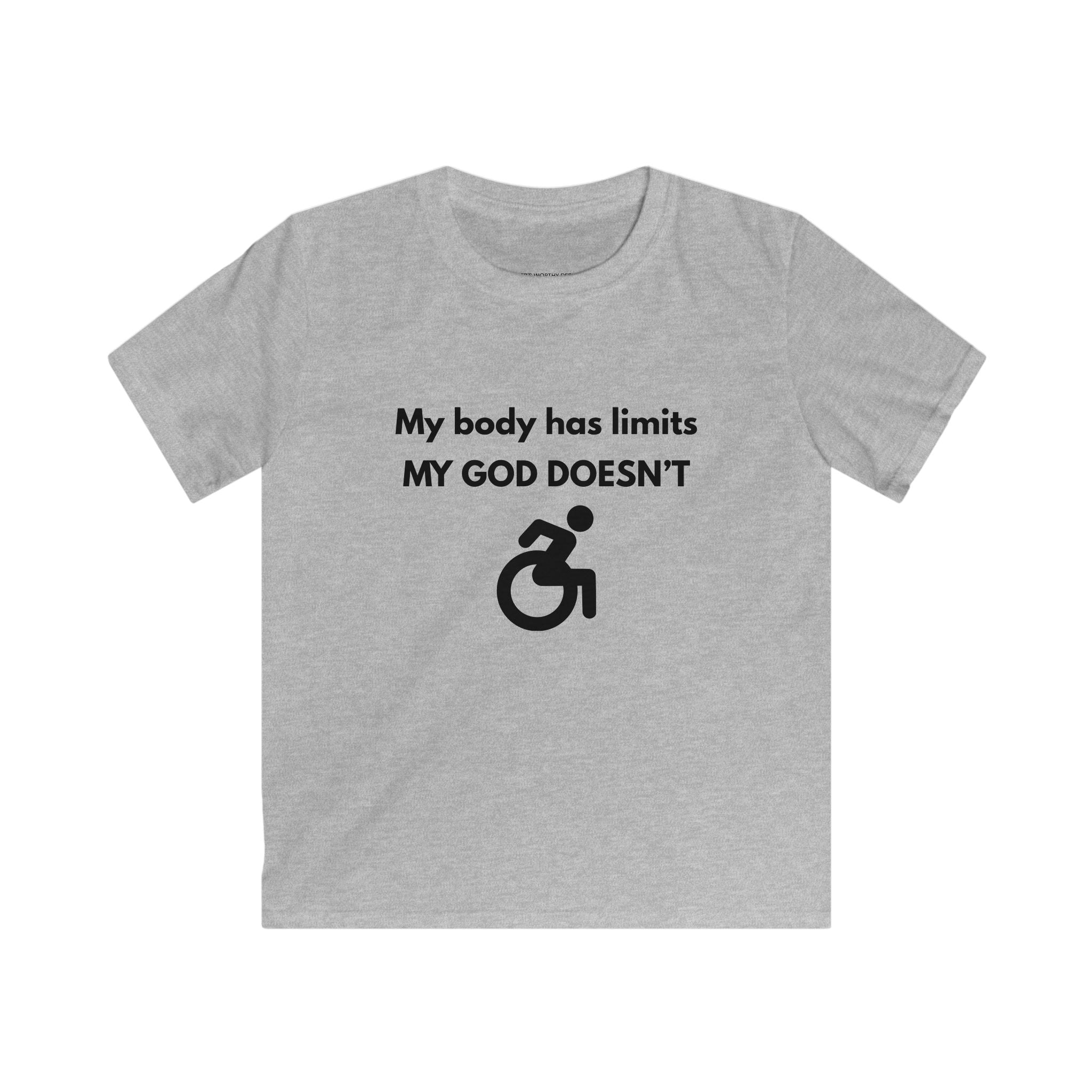My Body Has Limits MY GOD DOESN'T kids tee | Christian faith disability design