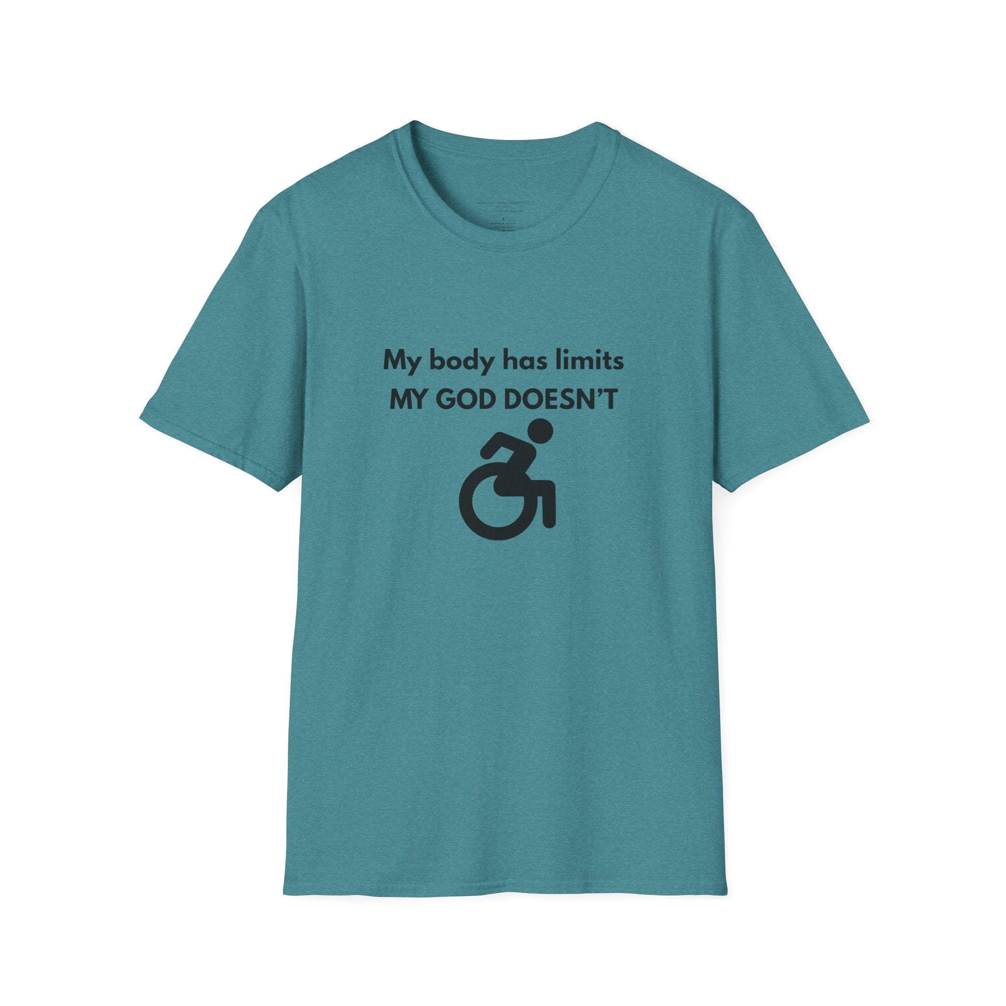 My Body Has Limits My God Doesn't wheelchair faith T-Shirt | He Didn't Make a Mistake back cross
