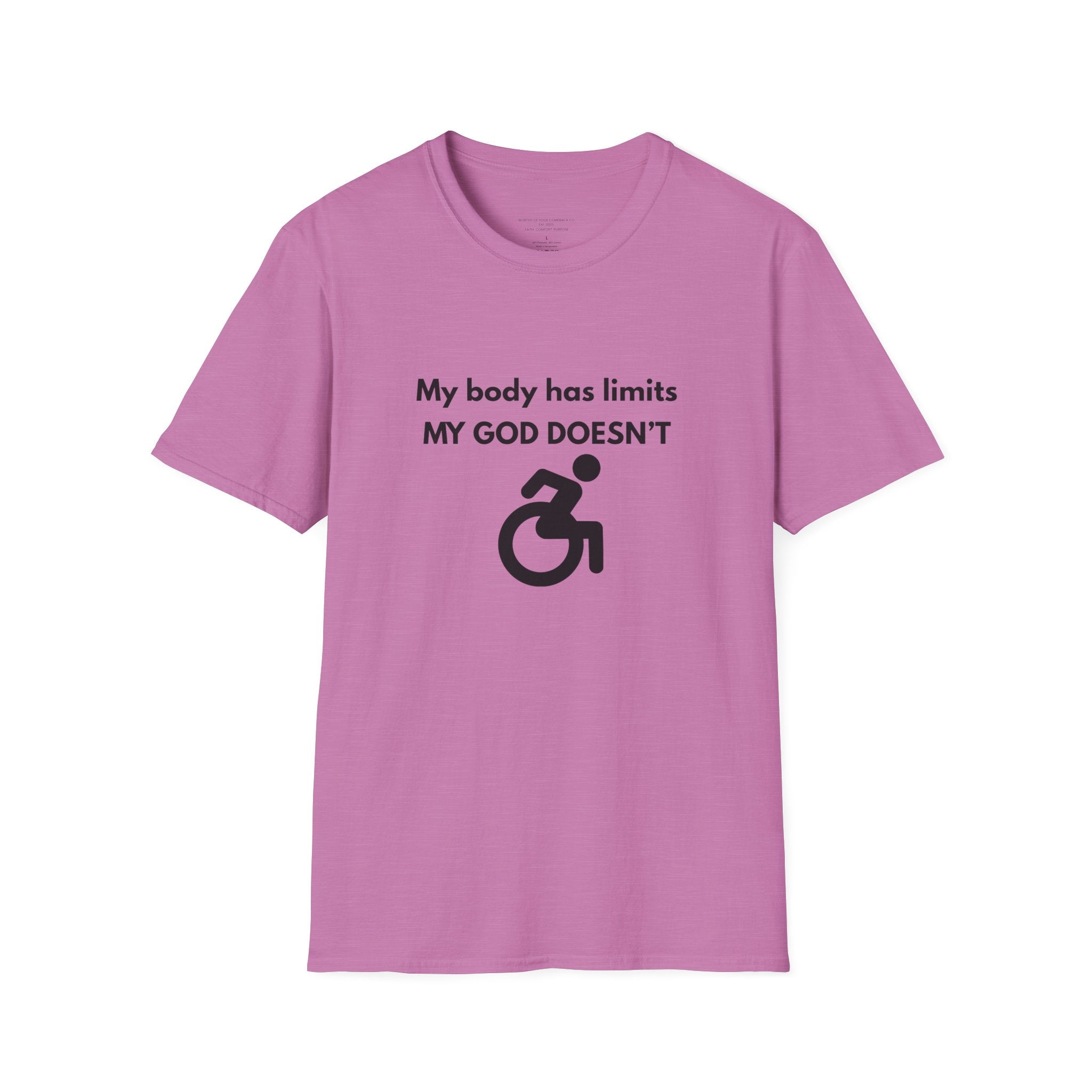 My Body Has Limits My God Doesn't wheelchair faith T-Shirt | He Didn't Make a Mistake back cross