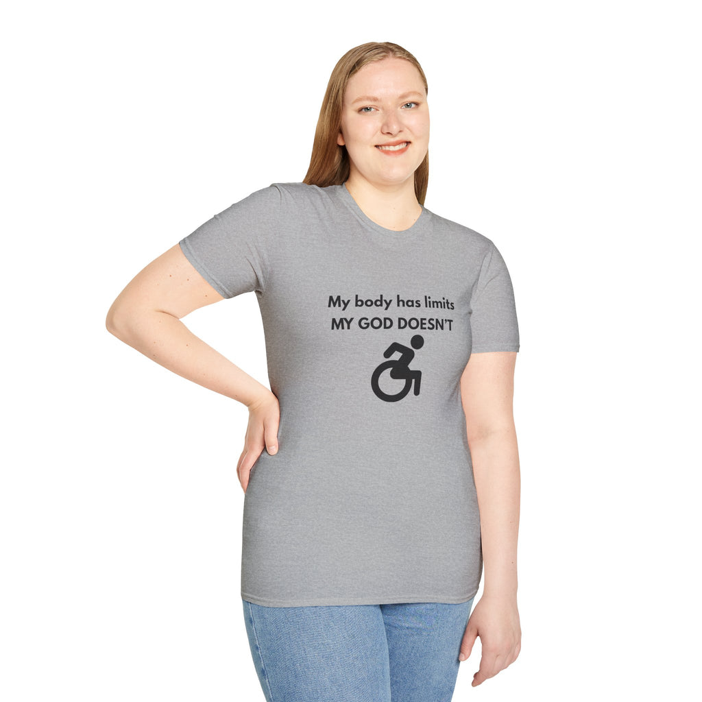 My Body Has Limits My God Doesn't wheelchair faith T-Shirt | He Didn't Make a Mistake back cross