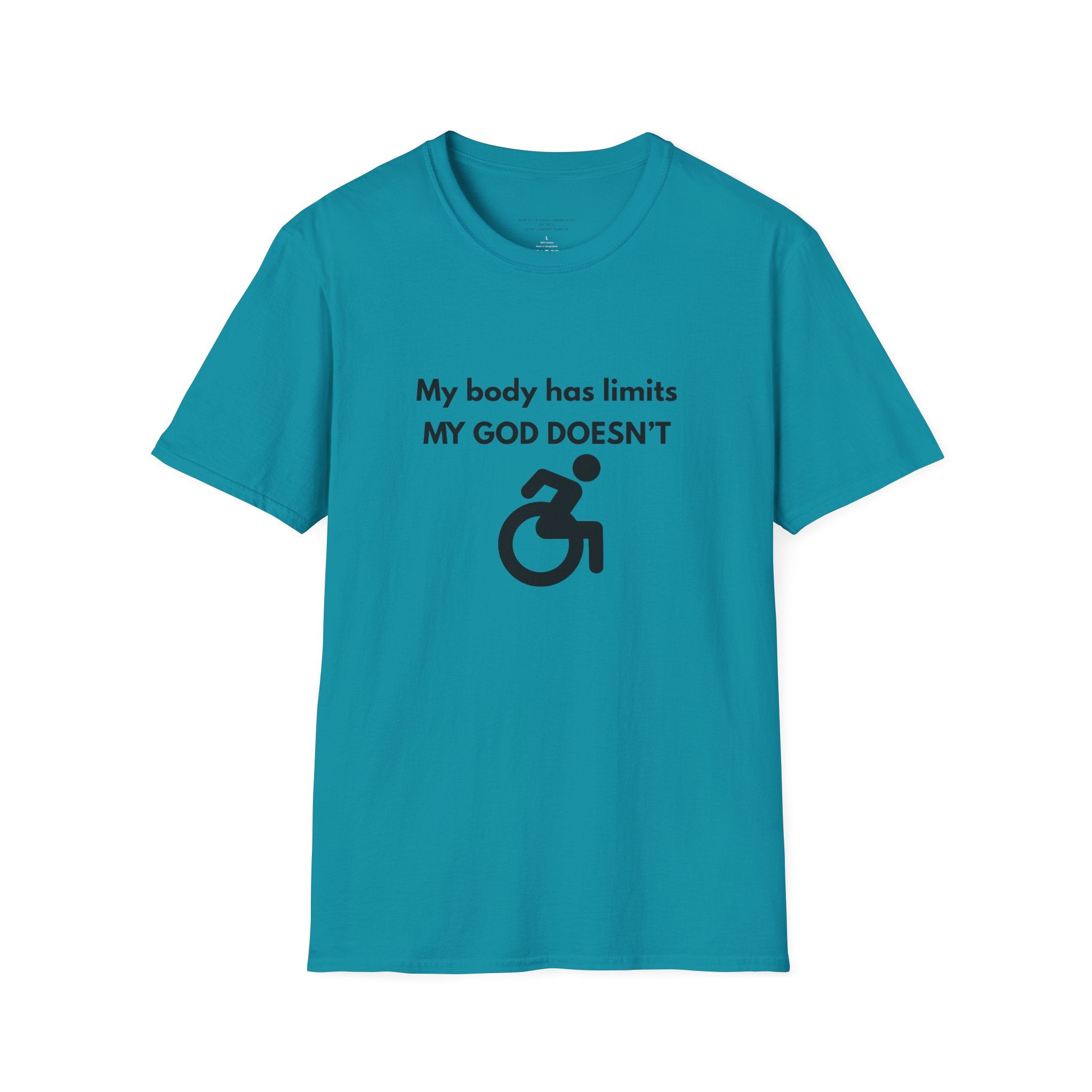 My Body Has Limits My God Doesn't wheelchair faith T-Shirt | He Didn't Make a Mistake back cross