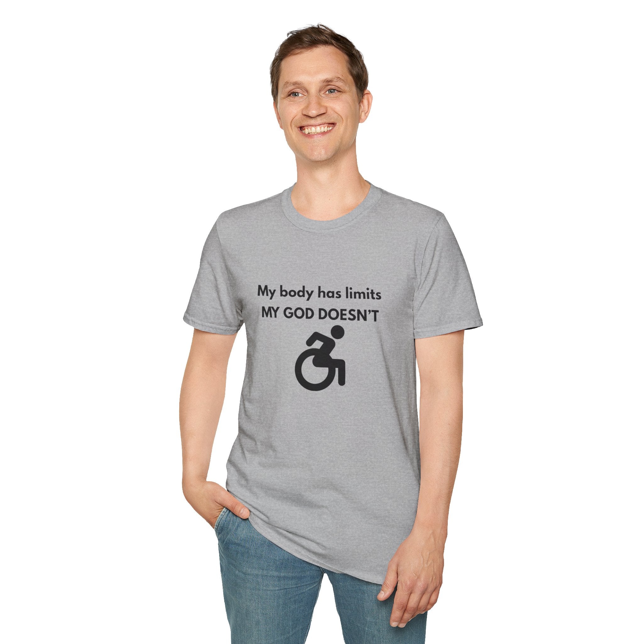 My Body Has Limits My God Doesn't wheelchair faith T-Shirt | He Didn't Make a Mistake back cross