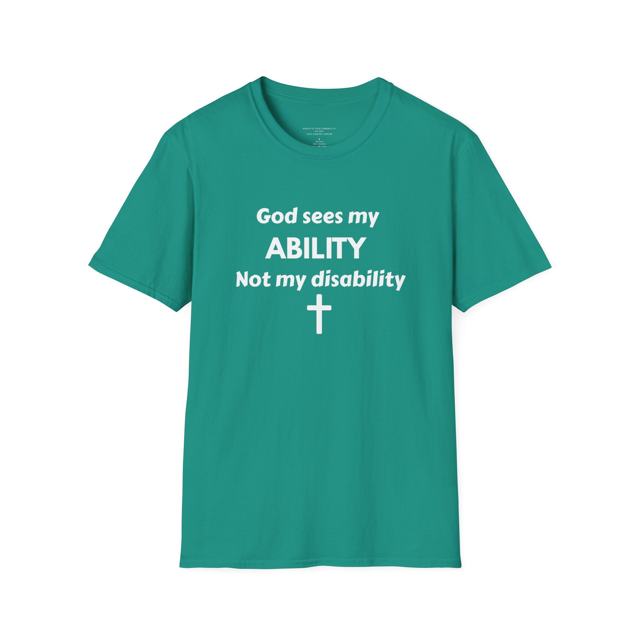 God Sees My ABILITY Not My Disability T-Shirt | Christian Faith Cross Tee
