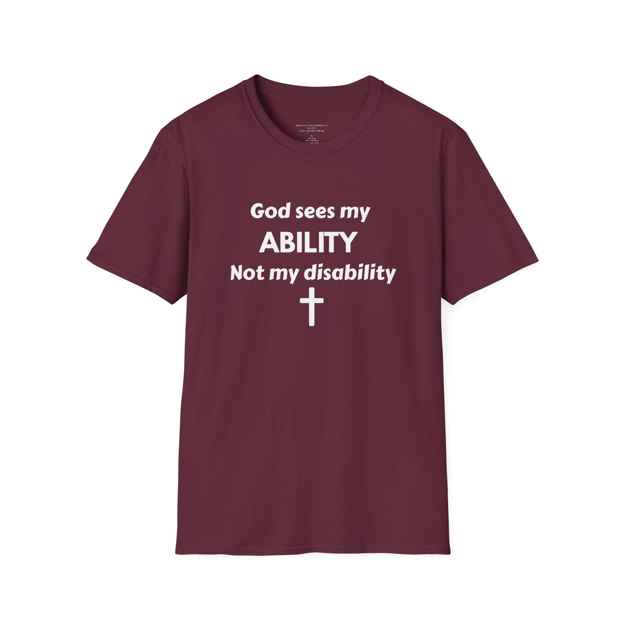 God Sees My ABILITY Not My Disability T-Shirt | Christian Faith Cross Tee
