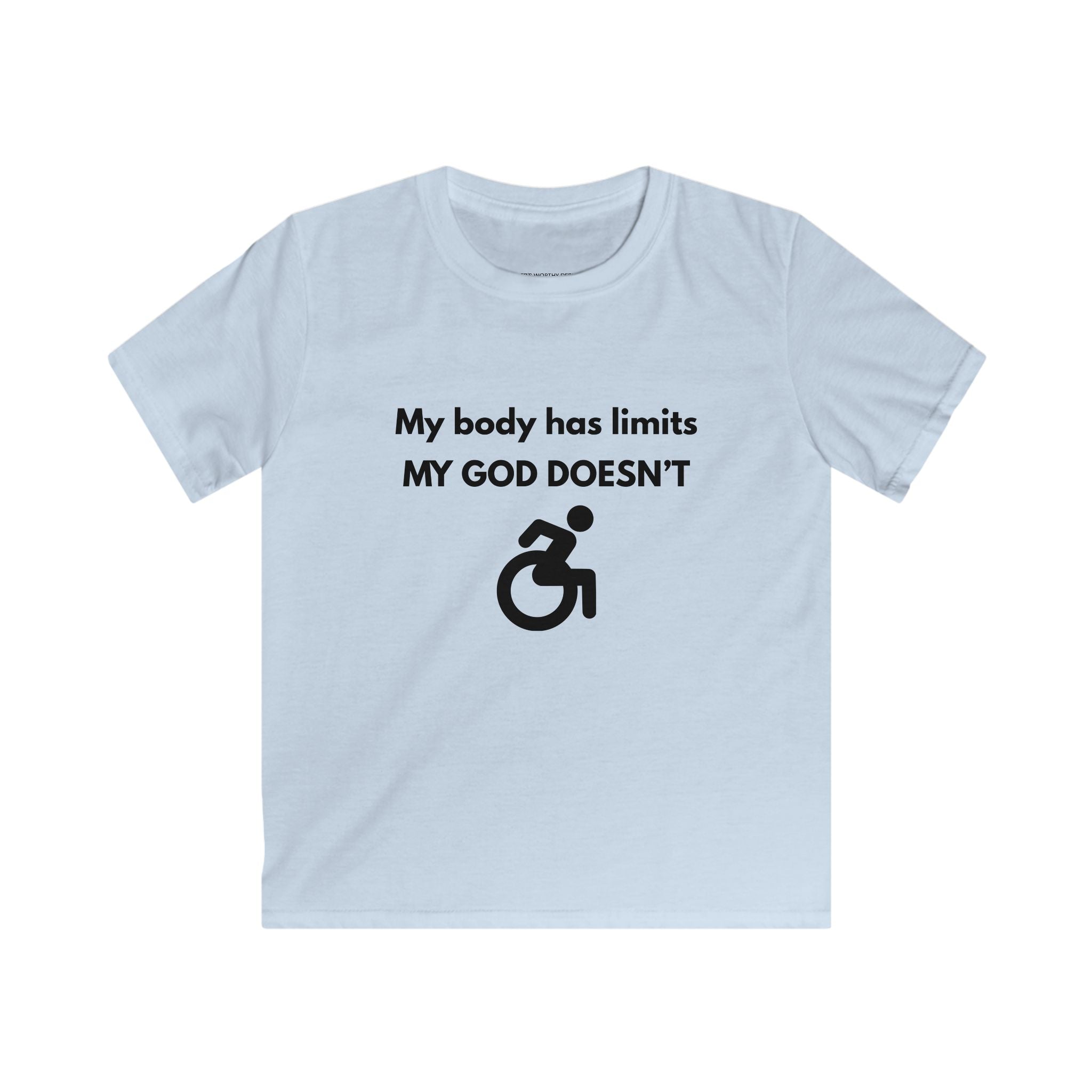My Body Has Limits MY GOD DOESN'T kids tee | Christian faith disability design