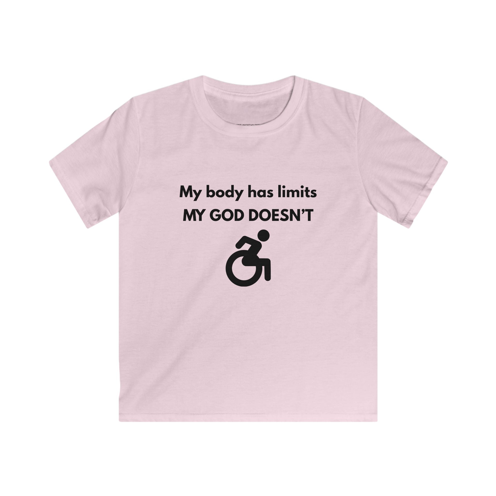 My Body Has Limits MY GOD DOESN'T kids tee | Christian faith disability design