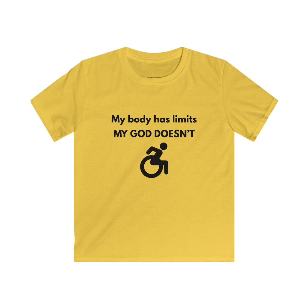 My Body Has Limits MY GOD DOESN'T kids tee | Christian faith disability design