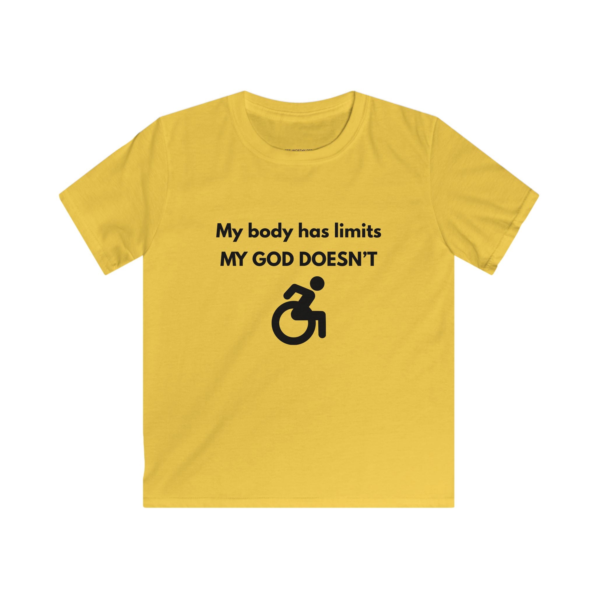My Body Has Limits MY GOD DOESN'T kids tee | Christian faith disability design
