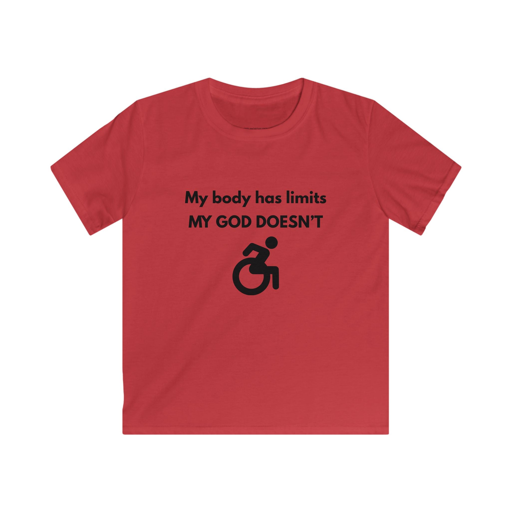 My Body Has Limits MY GOD DOESN'T kids tee | Christian faith disability design