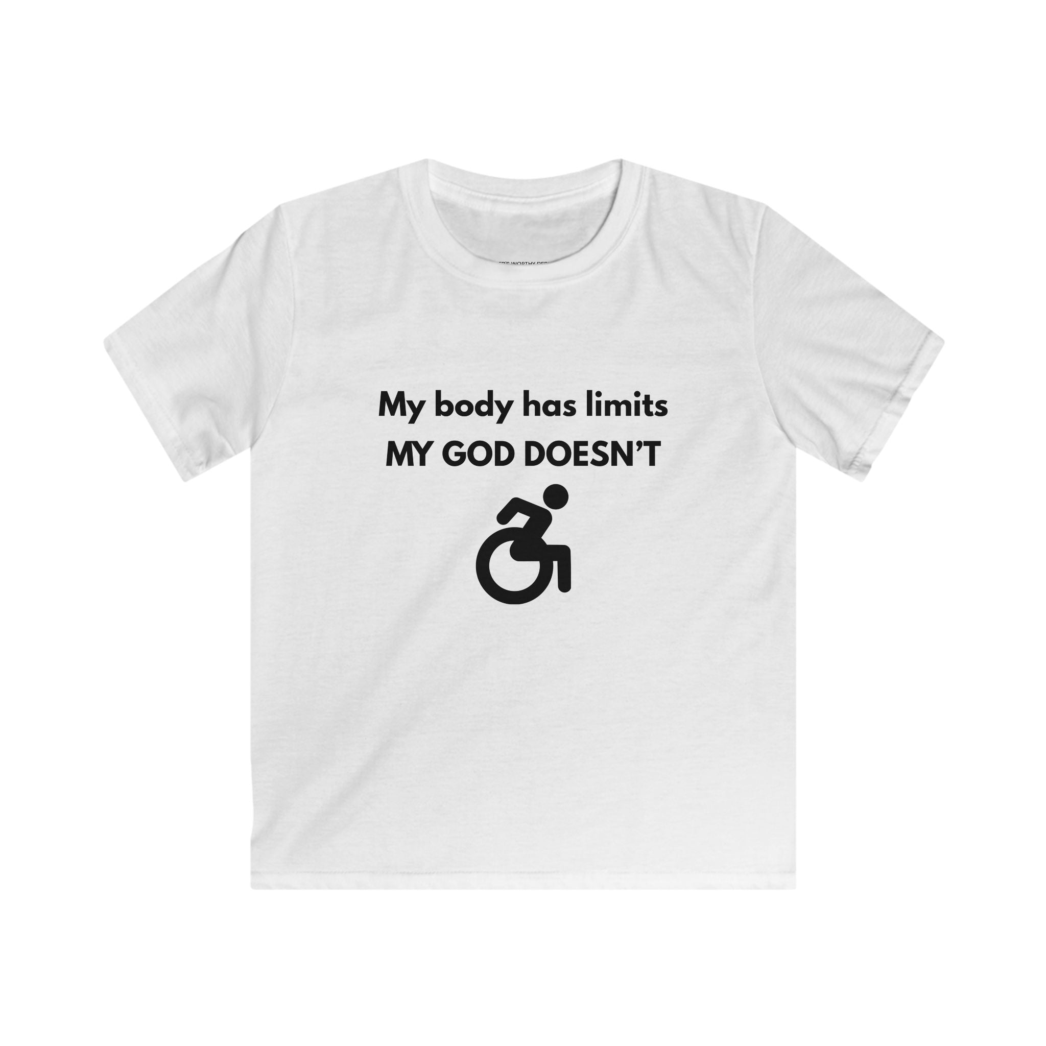My Body Has Limits MY GOD DOESN'T kids tee | Christian faith disability design