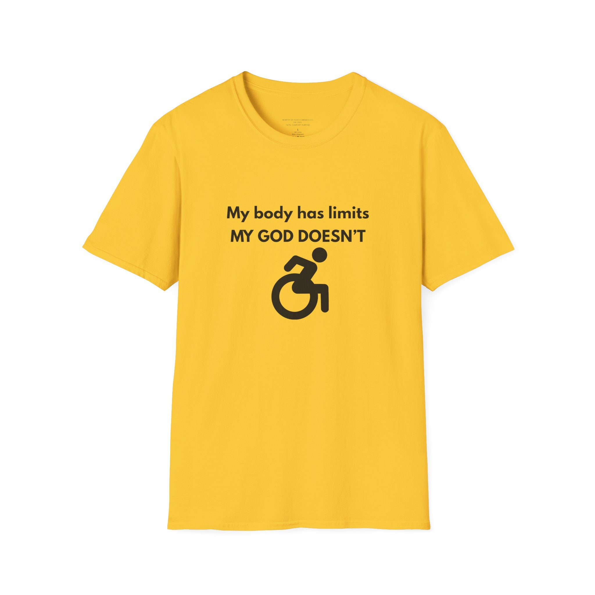 My Body Has Limits My God Doesn't wheelchair faith T-Shirt | He Didn't Make a Mistake back cross