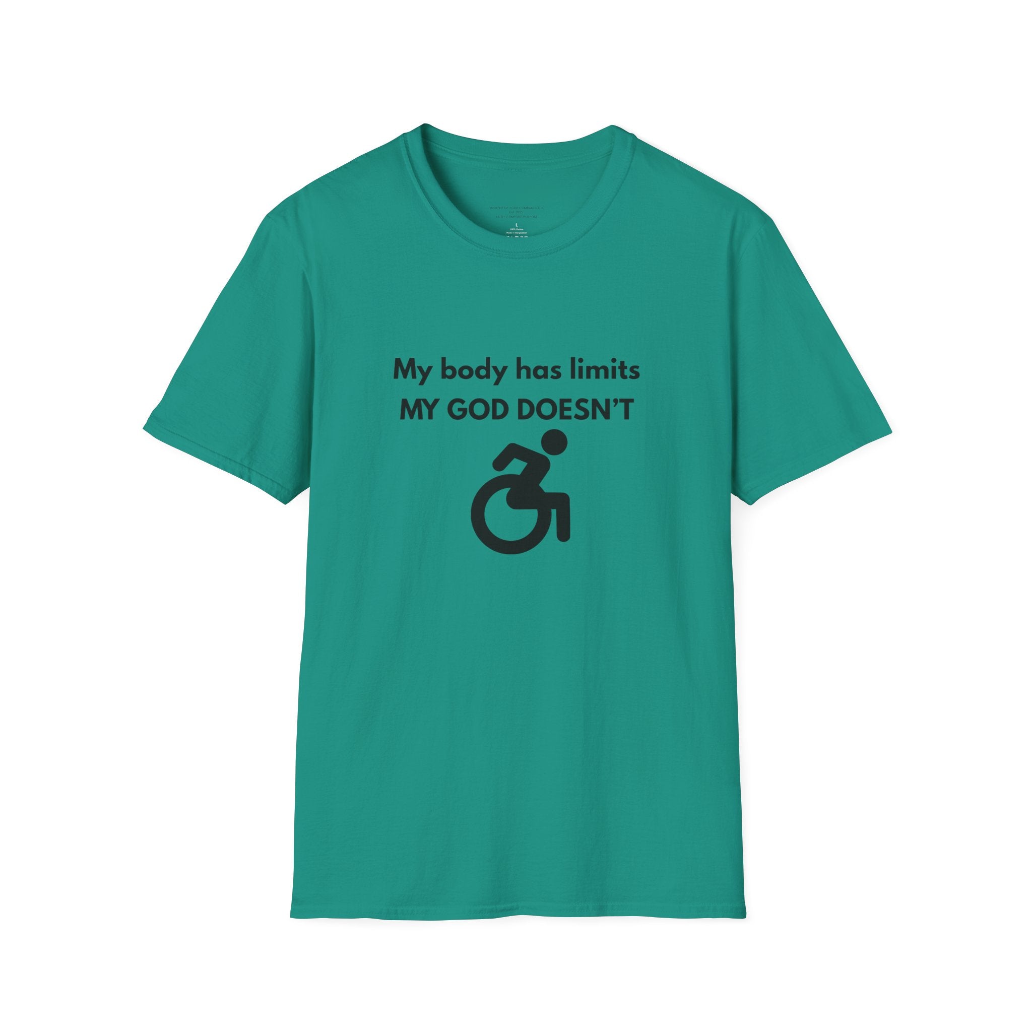My Body Has Limits My God Doesn't wheelchair faith T-Shirt | He Didn't Make a Mistake back cross